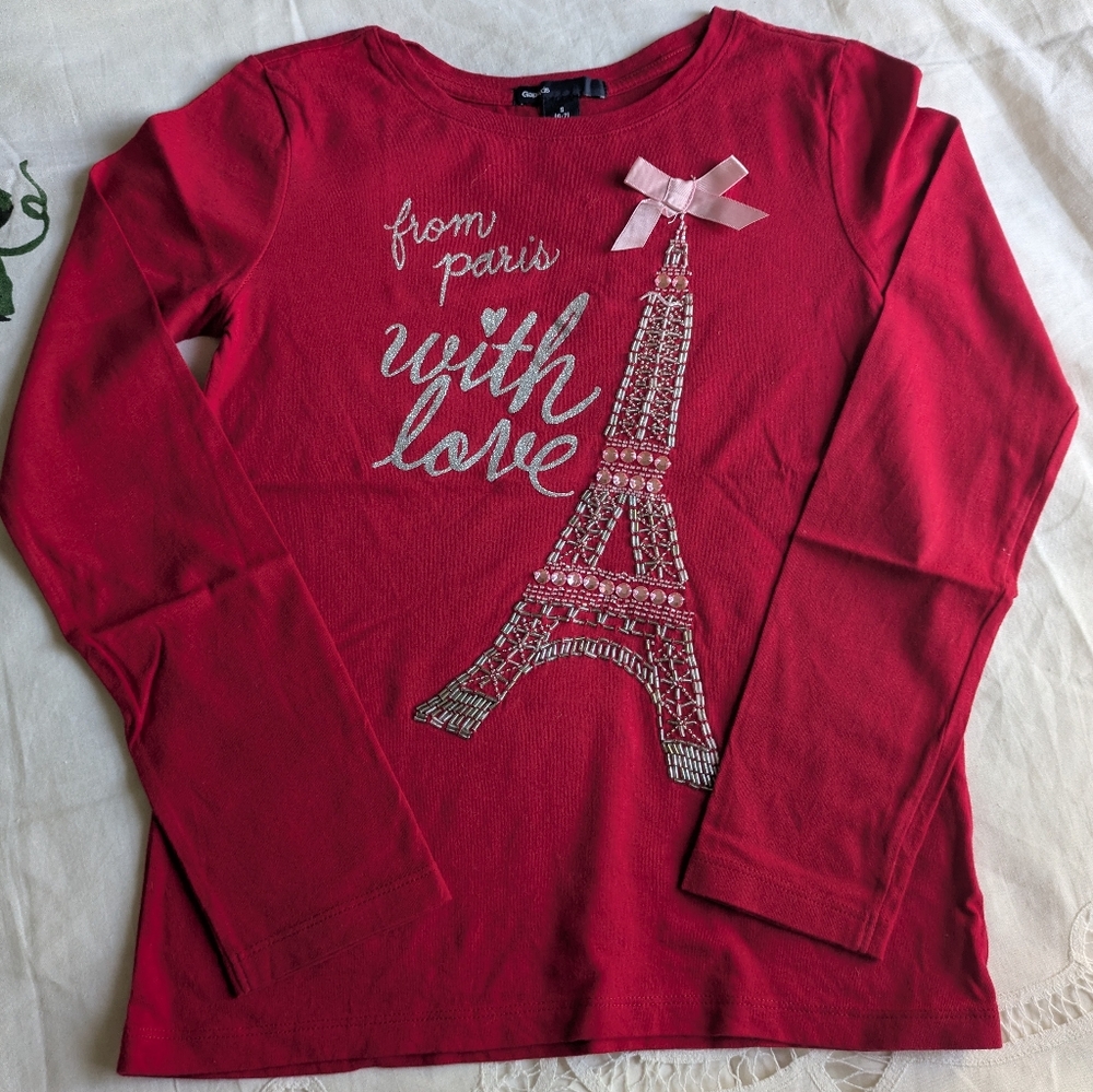GAPkids red long sleeve shirt w/gold shimmer text and Eiffel tower pink bow